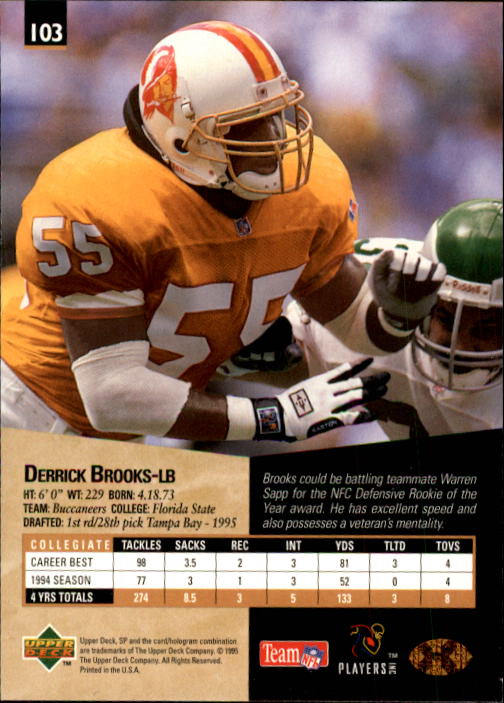1995 SP #103 Derrick Brooks RC back image