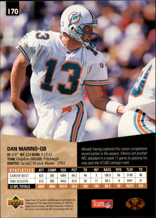 1995 SP #170 Dan Marino back image