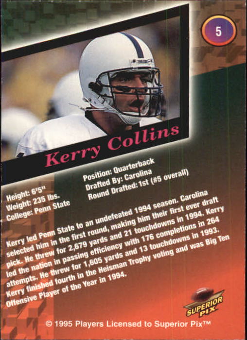 1995 Superior Pix Autographs #5 Kerry Collins/3000 back image
