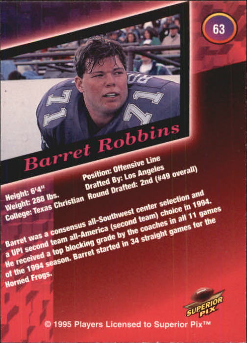 1995 Superior Pix Autographs #63 Barrett Robbins/6000 back image