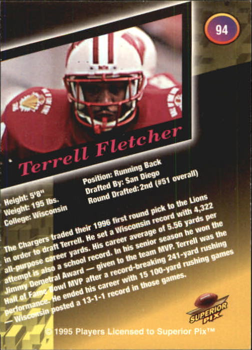 1995 Superior Pix Autographs #94 Terrell Fletcher/6000 back image