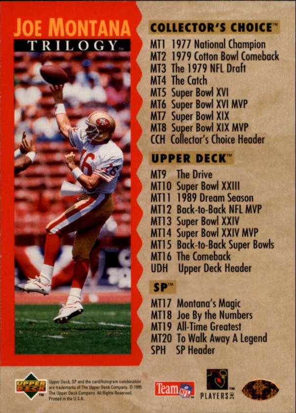 1995 Upper Deck Joe Montana Trilogy #SPH SP Header back image