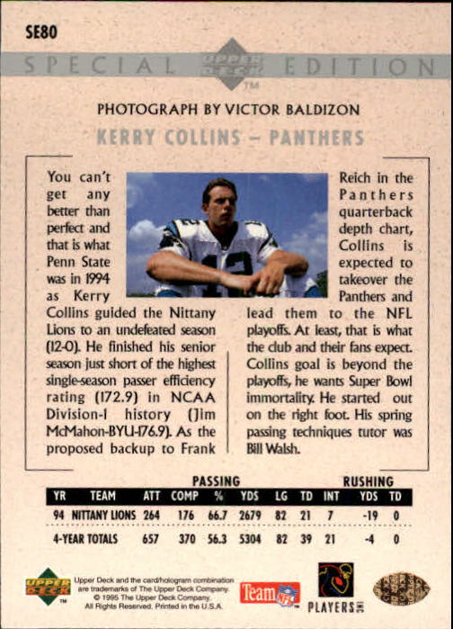 1995 Upper Deck Special Edition #SE80 Kerry Collins back image