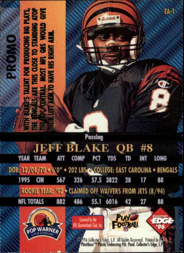 1996 Collector's Edge Advantage Promos #1 Jeff Blake back image