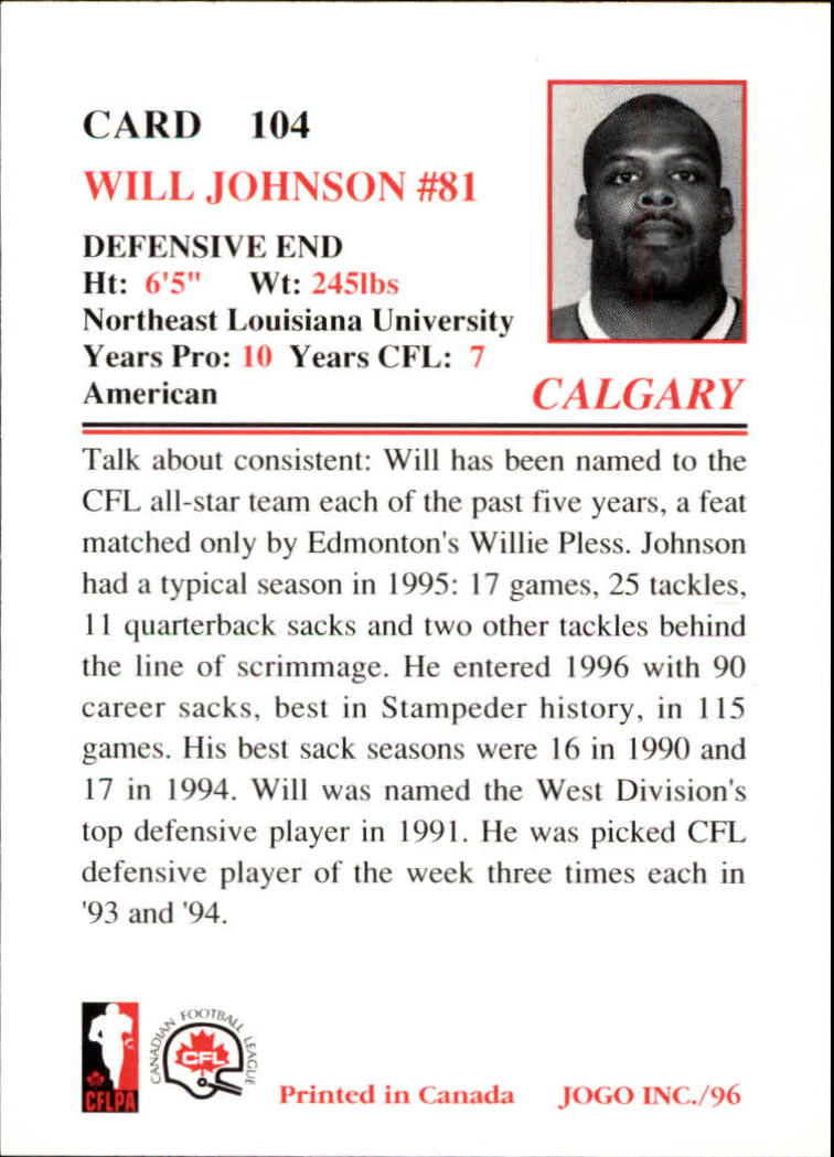 1996 JOGO #104 Will Johnson back image