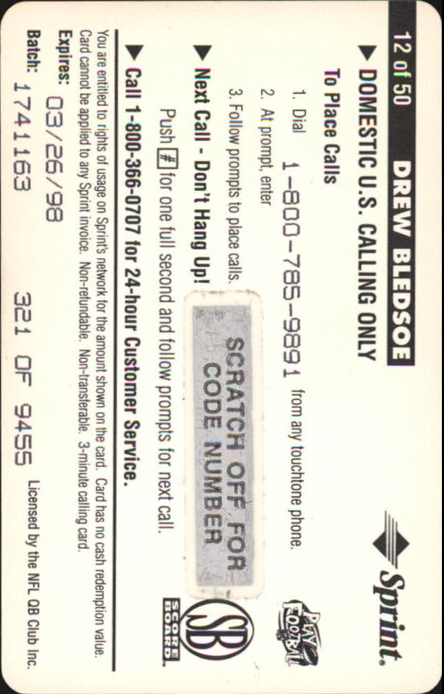 1996 Pro Line Intense Phone Cards $3 #12 Drew Bledsoe back image