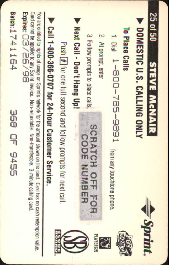 1996 Pro Line Intense Phone Cards $3 #25 Steve McNair back image