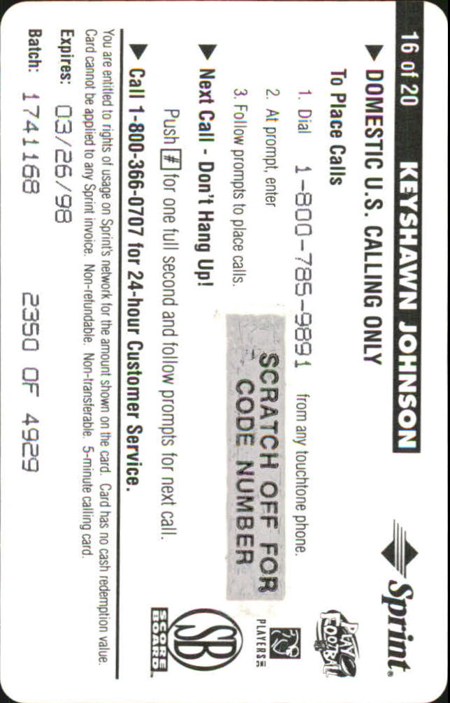 1996 Pro Line Intense Phone Cards $5 #16 Keyshawn Johnson back image