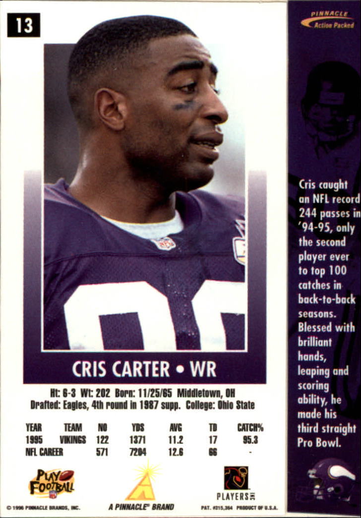 1996 Action Packed #13 Cris Carter back image