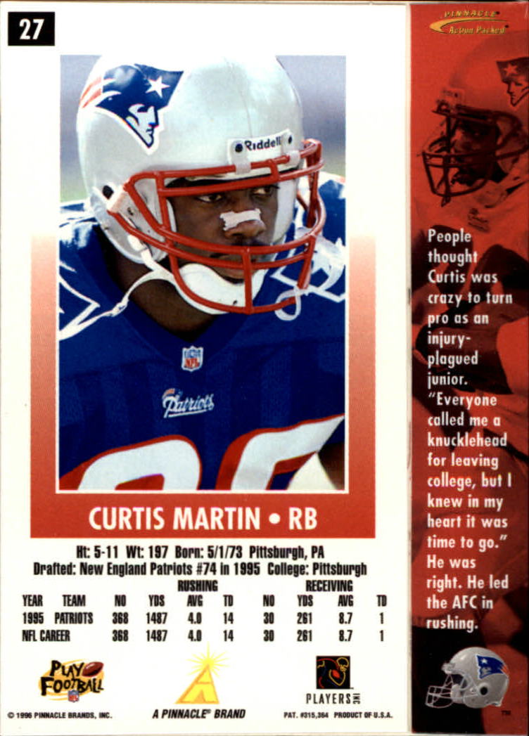 1996 Action Packed #27 Curtis Martin back image