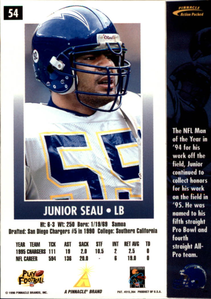 1996 Action Packed #54 Junior Seau back image
