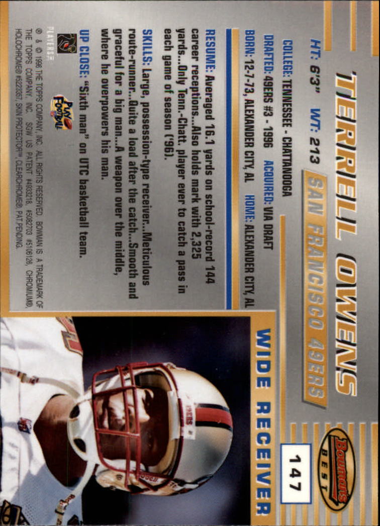 1996 Bowman's Best #147 Terrell Owens RC back image