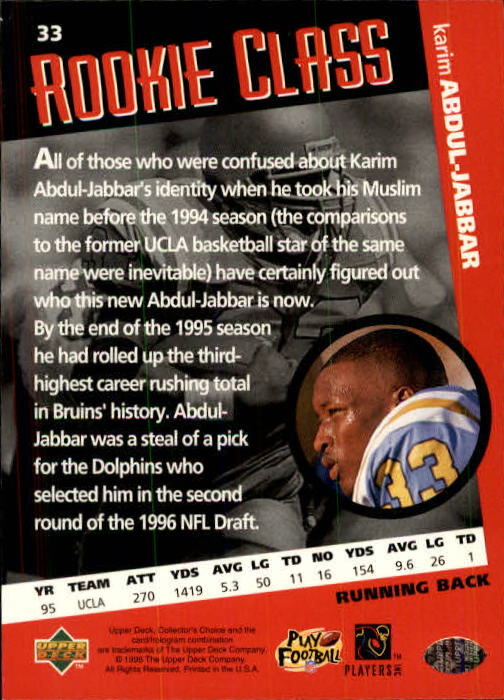 1996 Collector's Choice #33 Karim Abdul-Jabbar RC back image