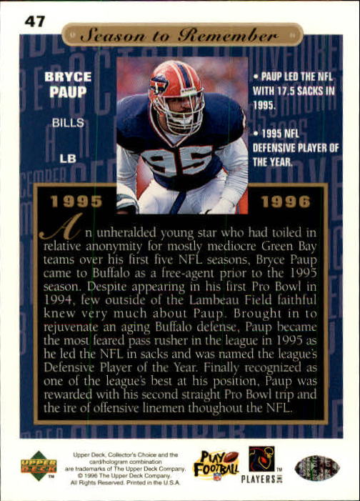 1996 Collector's Choice #47 Bryce Paup SR back image
