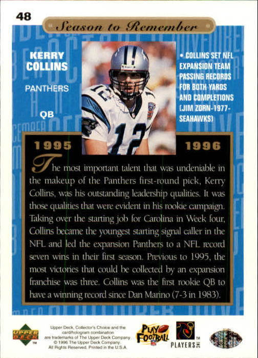 1996 Collector's Choice #48 Kerry Collins SR back image