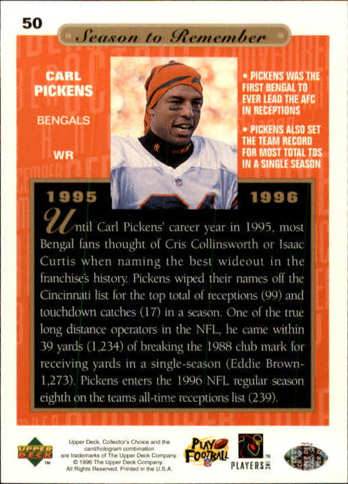 1996 Collector's Choice #50 Carl Pickens SR back image