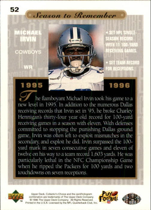 1996 Collector's Choice #52 Michael Irvin SR back image