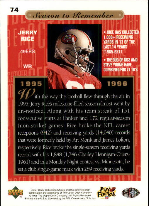 1996 Collector's Choice #74 Jerry Rice SR back image