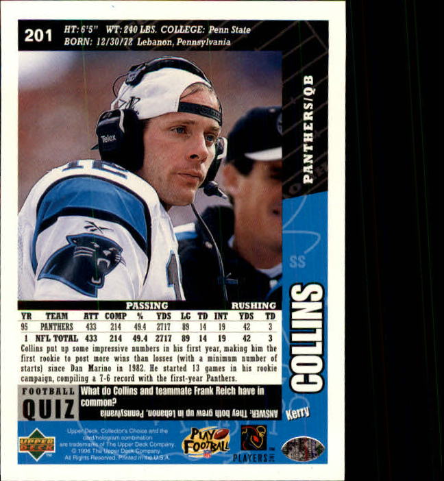 1996 Collector's Choice #201 Kerry Collins back image