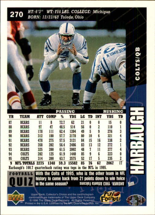 1996 Collector's Choice #270 Jim Harbaugh back image