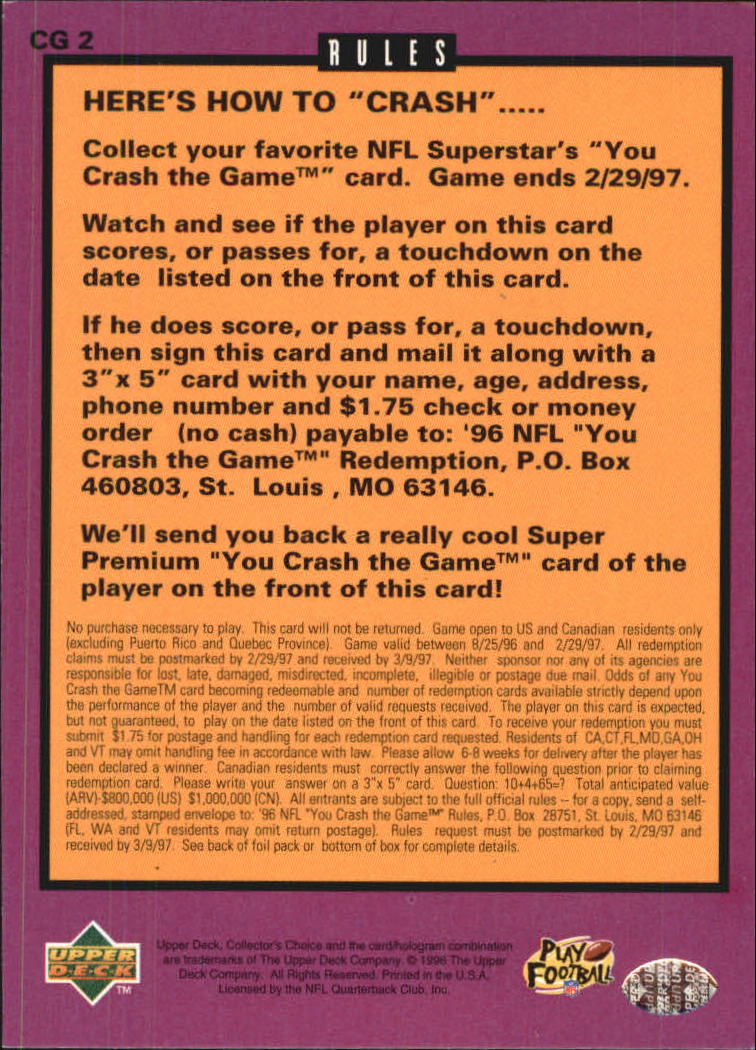 1996 Collector's Choice Crash The Game #CG2C John Elway 11/24 W back image