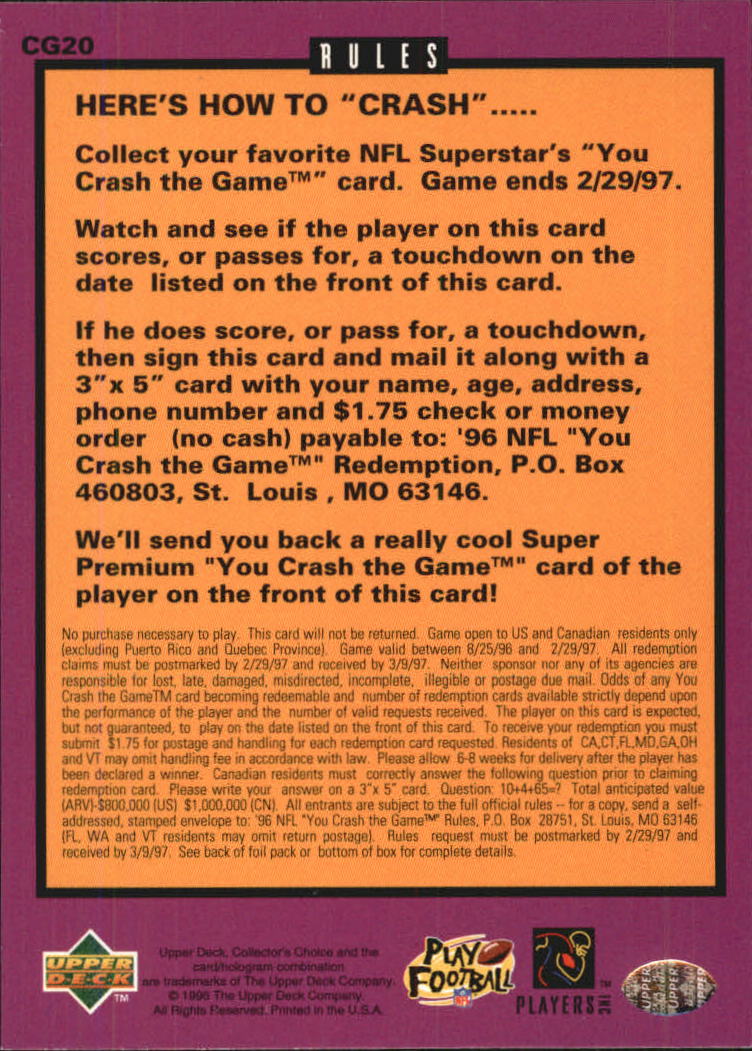 1996 Collector's Choice Crash The Game #CG20A Terry Glenn 10/13 L back image