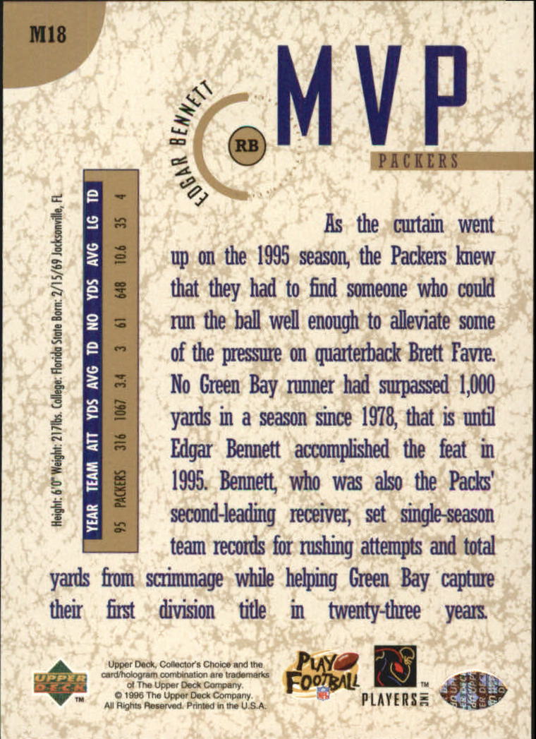 1996 Collector's Choice MVPs Gold #M18 Edgar Bennett back image