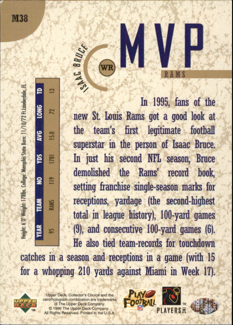 1996 Collector's Choice MVPs Gold #M38 Isaac Bruce back image