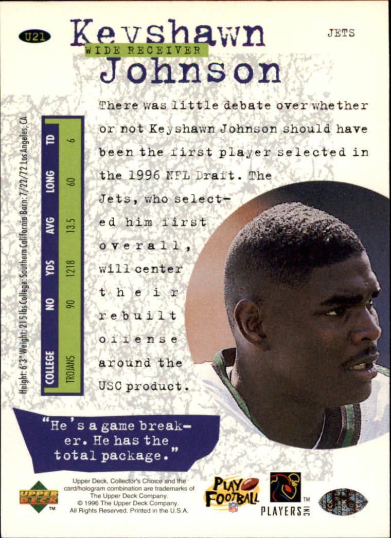 1996 Collector's Choice Update #U21 Keyshawn Johnson back image