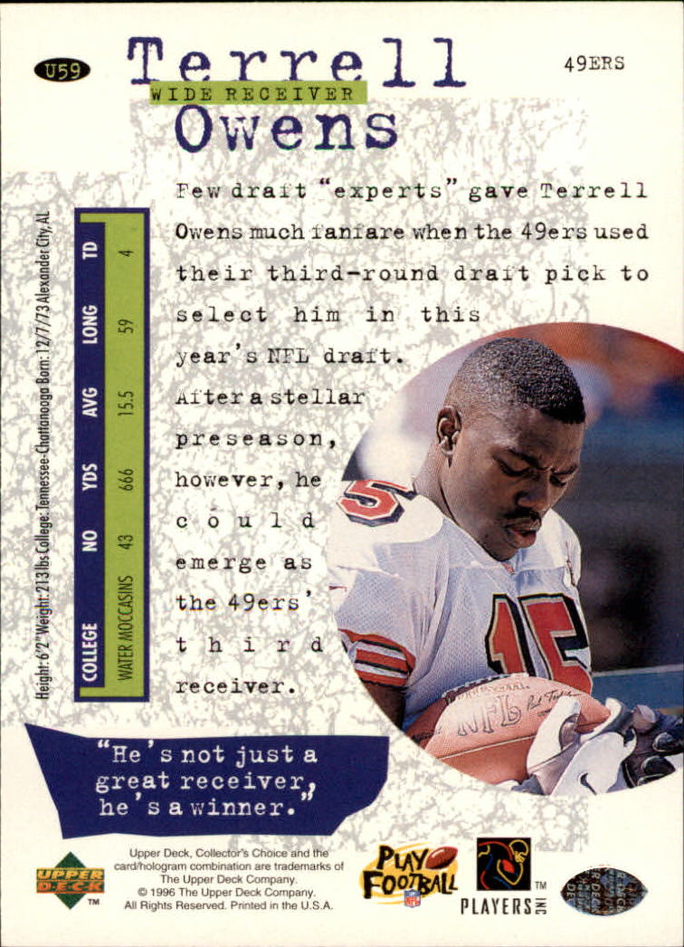 1996 Collector's Choice Update #U59 Terrell Owens RC back image