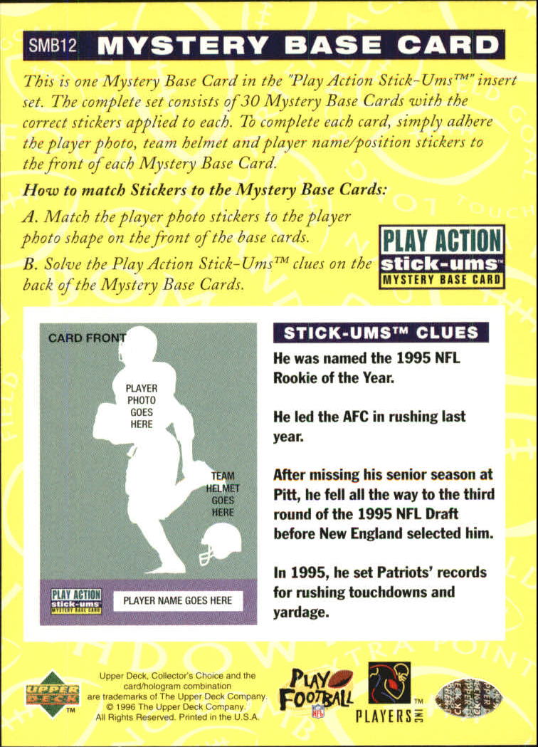 1996 Collector's Choice Update Stick-Ums Mystery Base Card #SMB12 Curtis Martin back image