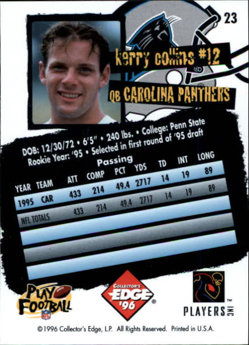 1996 Collector's Edge #23 Kerry Collins back image