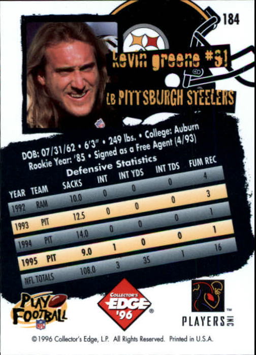 1996 Collector's Edge #184 Kevin Greene back image