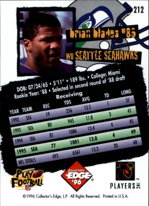 1996 Collector's Edge #212 Brian Blades back image