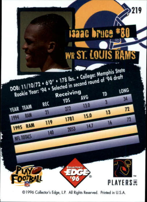1996 Collector's Edge #219 Isaac Bruce back image