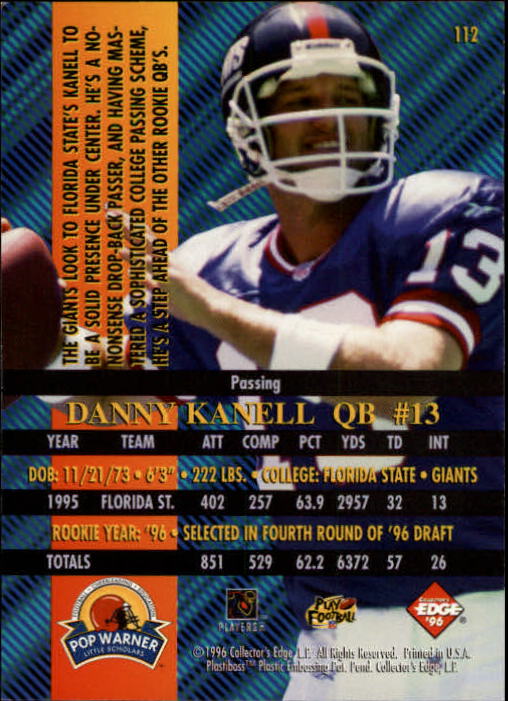1996 Collector's Edge Advantage #112 Danny Kanell RC back image