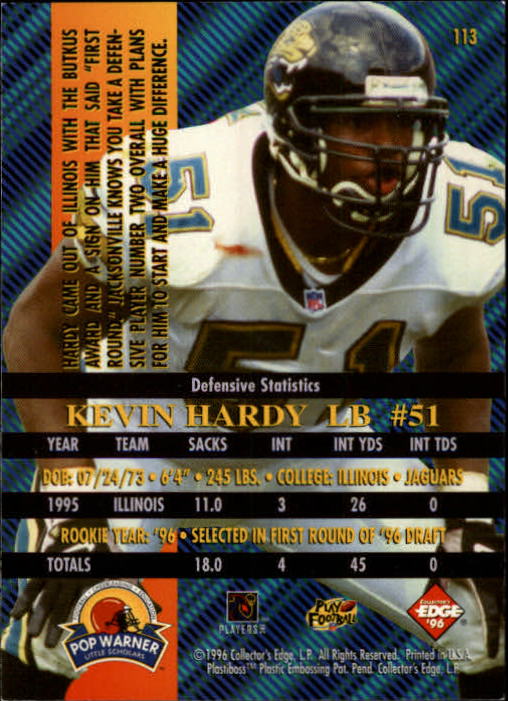 1996 Collector's Edge Advantage #113 Kevin Hardy RC back image