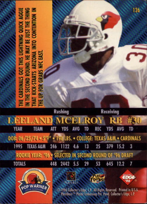 1996 Collector's Edge Advantage #126 Leeland McElroy RC back image