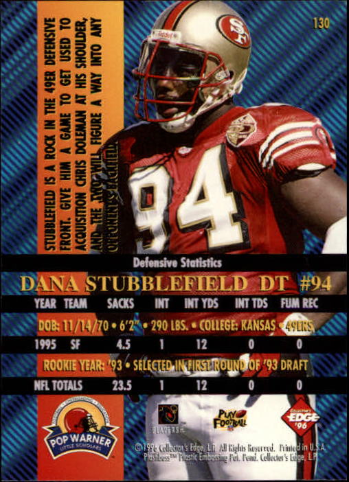 1996 Collector's Edge Advantage #130 Dana Stubblefield back image