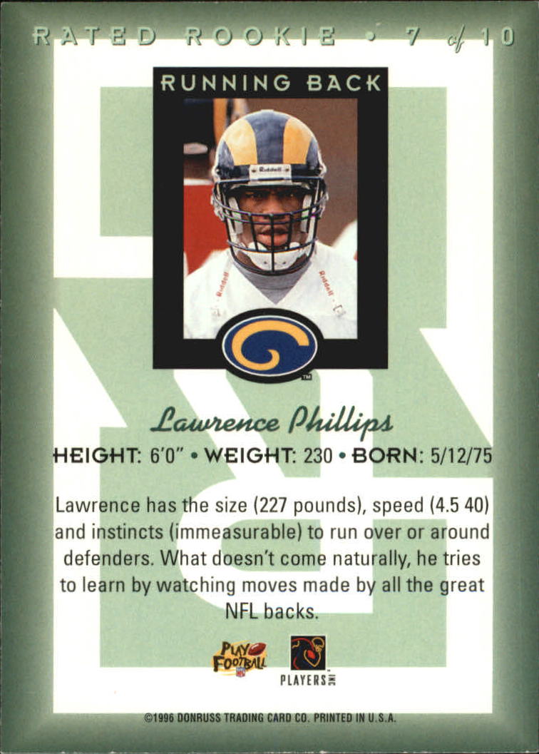 1996 Donruss Rated Rookies #7 Lawrence Phillips back image