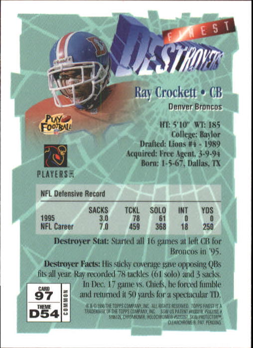 1996 Finest #97 Ray Crockett B back image