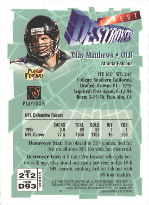1996 Finest #212 Clay Matthews B back image