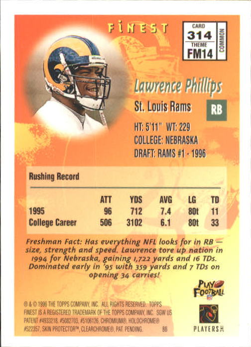 1996 Finest #314 Lawrence Phillips B RC back image