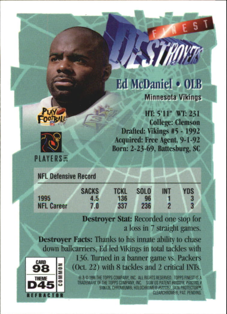 1996 Finest Refractors #98 Ed McDaniel B back image