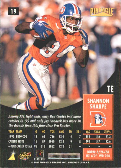 1996 Pinnacle #19 Shannon Sharpe back image