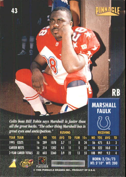 1996 Pinnacle #43 Marshall Faulk back image