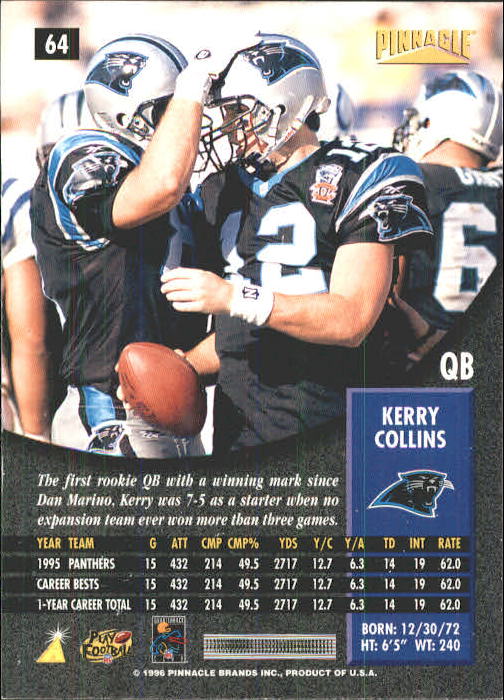 1996 Pinnacle #64 Kerry Collins back image