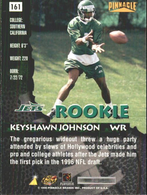 1996 Pinnacle #161 Keyshawn Johnson RC back image