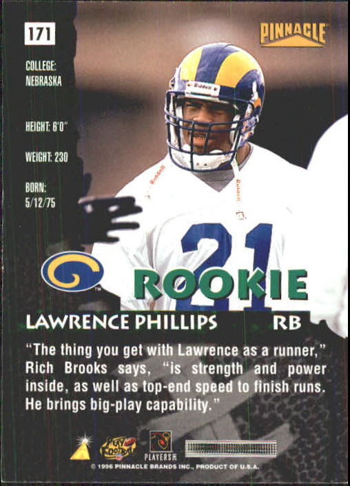 1996 Pinnacle #171 Lawrence Phillips RC back image