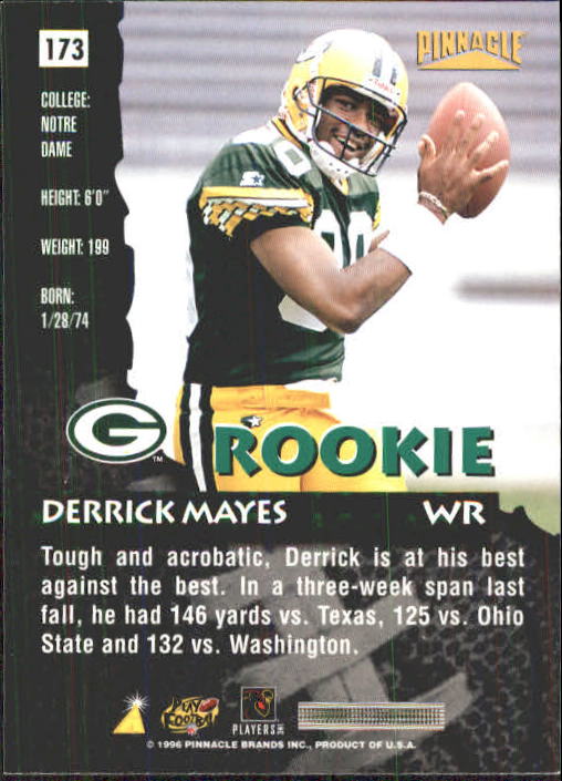 1996 Pinnacle #173 Derrick Mayes RC back image
